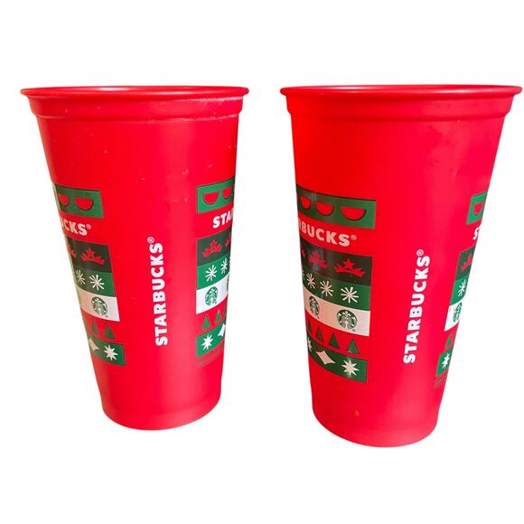 Two 2020 Starbucks 16 oz Holiday Reusable Plastic Cups w/lids Christmas Design - Picture 3 of 6